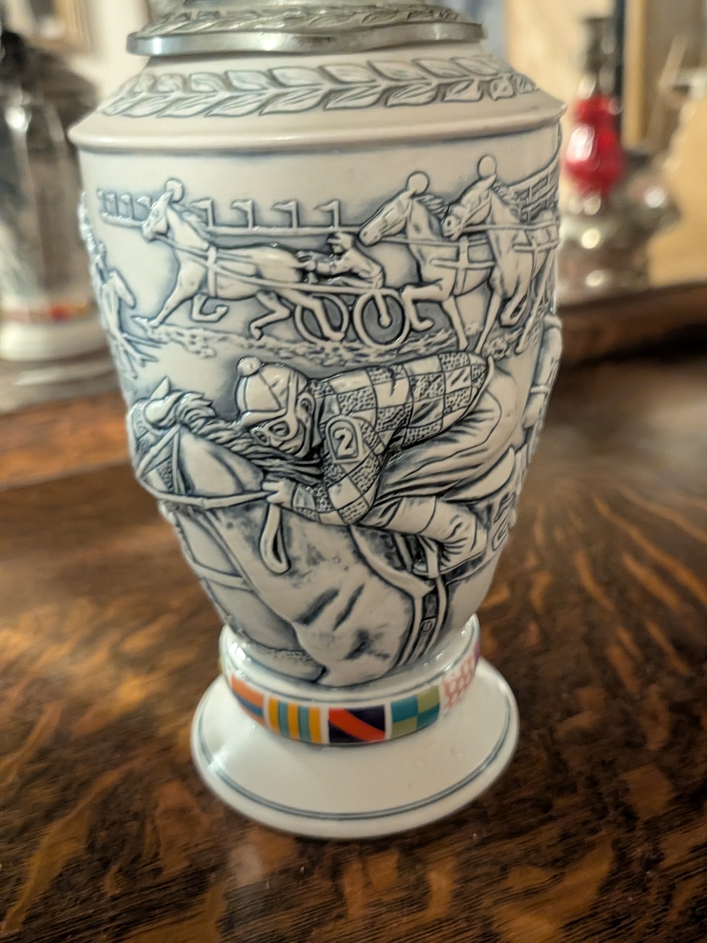 Avon White Ceramic Jockey Racing Stein with Colorful Band